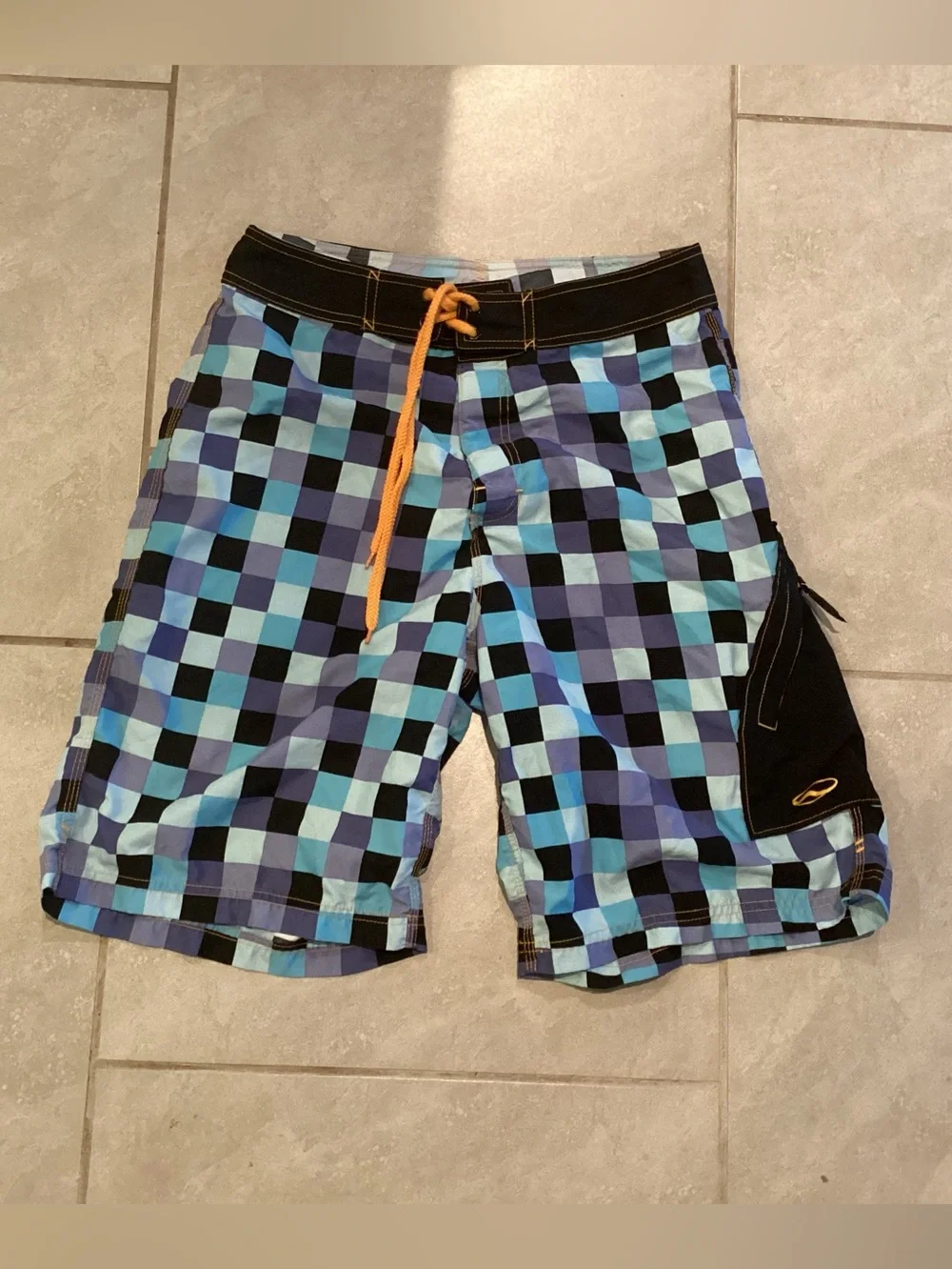 Men's Blue Plaid Swim Trunks with Orange Drawstring